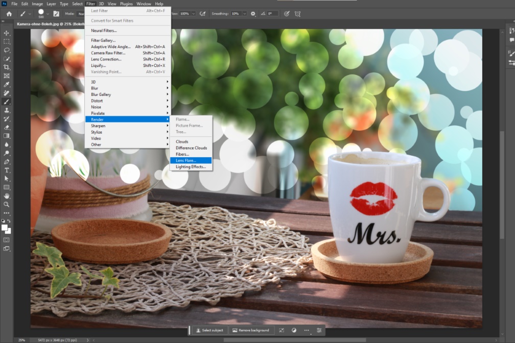 Künstlicher Bokeh-Effekt in Photoshop: Filter «Blendenflecke» auswählen