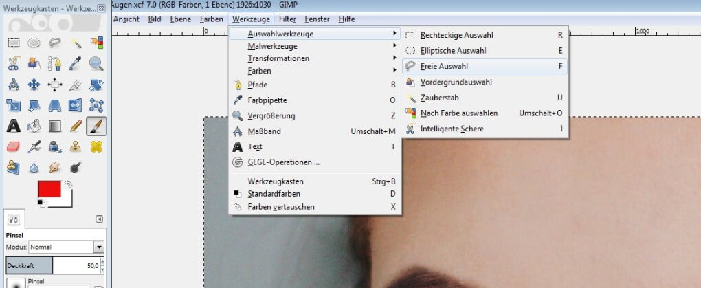 GIMP Werkzeug „Freie Auswahl“, um das rote Auge freizustellen