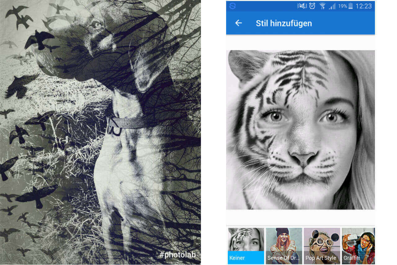 Links: Foto aus zwei Motiven | Rechts: Morph-Effekt Tiger und Mensch