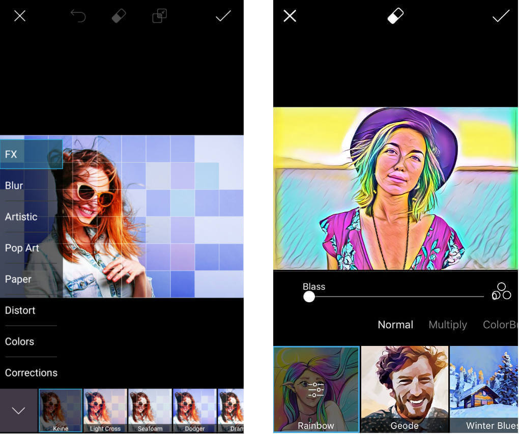 Links: Motiv in Mosaik-Optik | Rechts: Portrait mit ausgefallenem Farbfilter