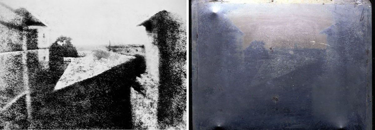 rechts: Platte des ersten Fotos, eine Heliografie von Nicéphore Niépce | links: Bearbeiteter Abzug der Platte [Public Domain]