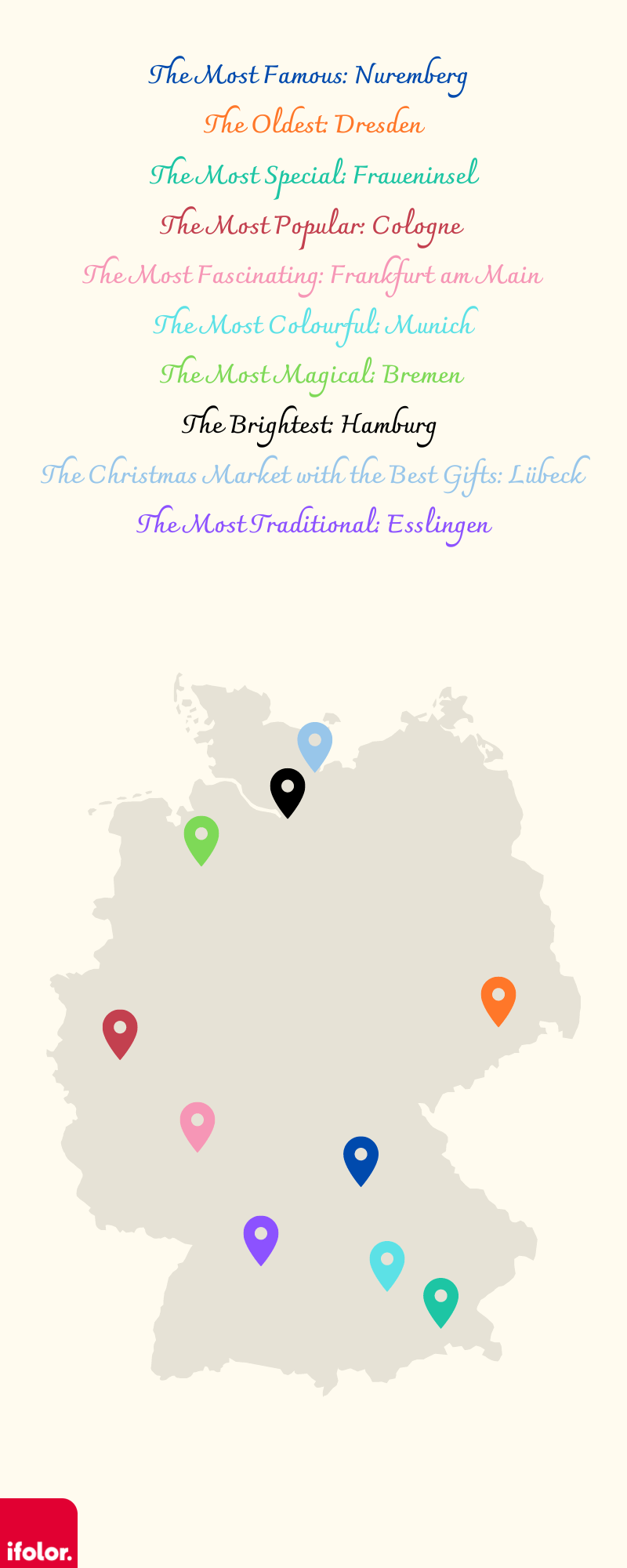 A map showing the different Christmas markets in Germany. A map showing the different Christmas markets in Germany.