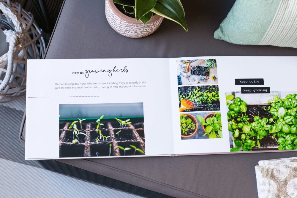 Fotobuchseite mit Garten-Tipps