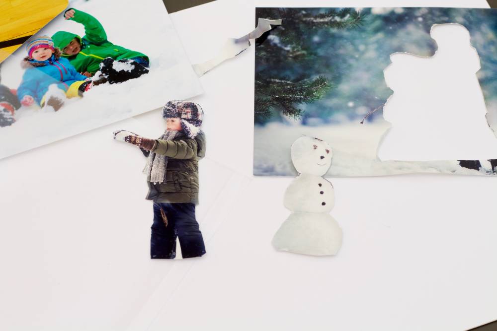 Ausgeschnittene und nicht-ausgeschnittene Fotos zum Basteln einer Schneekugel