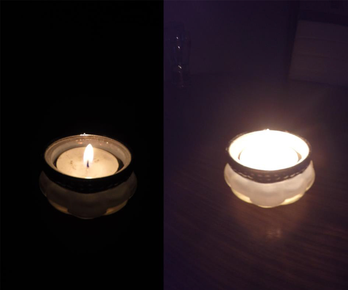Links und rechts im Bild ist die gleiche Kerze zu sehen - mit und ohne Nachtmodus