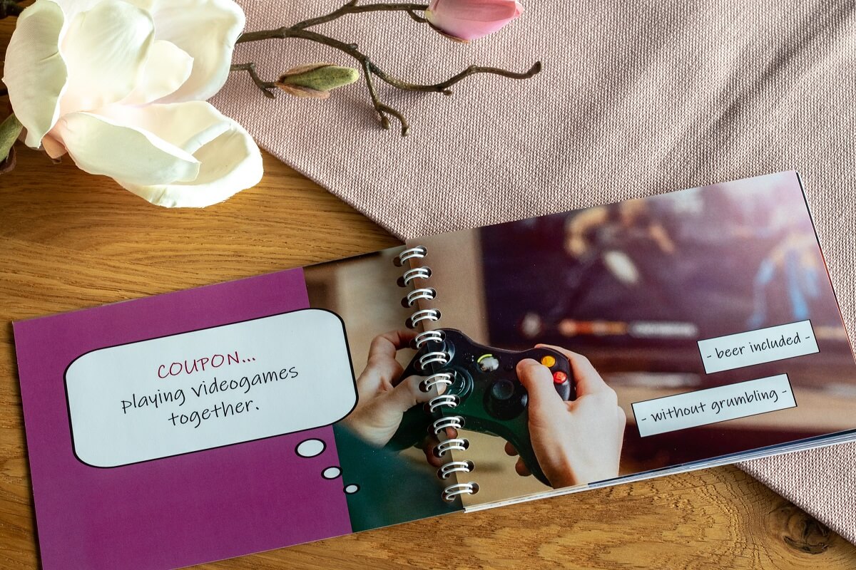Valentine’s Day gift voucher A voucher for a round of Playstation together created out of a photo book spiral