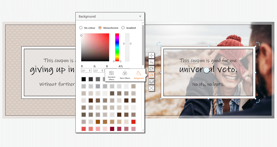 Click on Background in the design options of a certain element to adjust the transparency of an objekt Click on Background in the design options of a certain element to adjust the transparency of an objekt