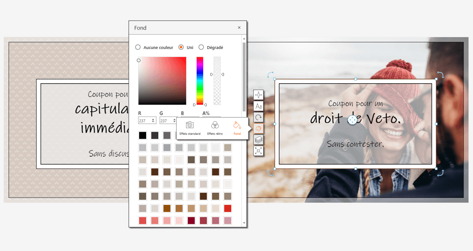 Sous Fond dans les options de conception d'un élément dans ifolor Designer, vous pouvez facilement régler la transparence de l'objet. Sous Fond dans les options de conception d'un élément dans ifolor Designer, vous pouvez facilement régler la transparence de l'objet.