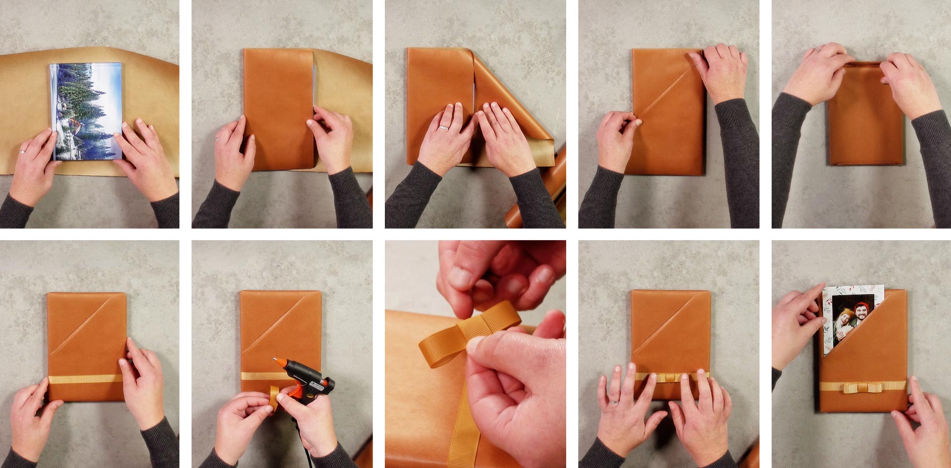 Vaihekuvat taskupaketin taitteluun