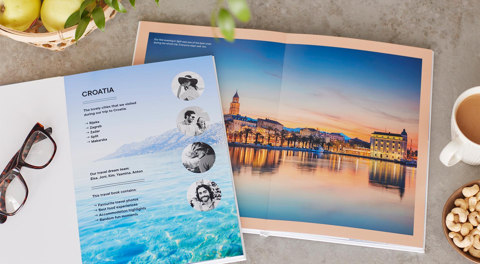 Two opened photo books with pictures from a holiday in Croatia