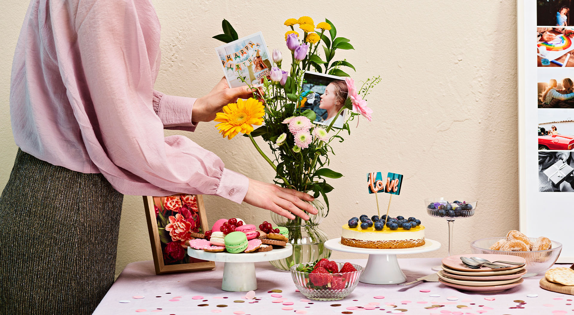 En bukett dekorerad med bilder av dagens hjälte.