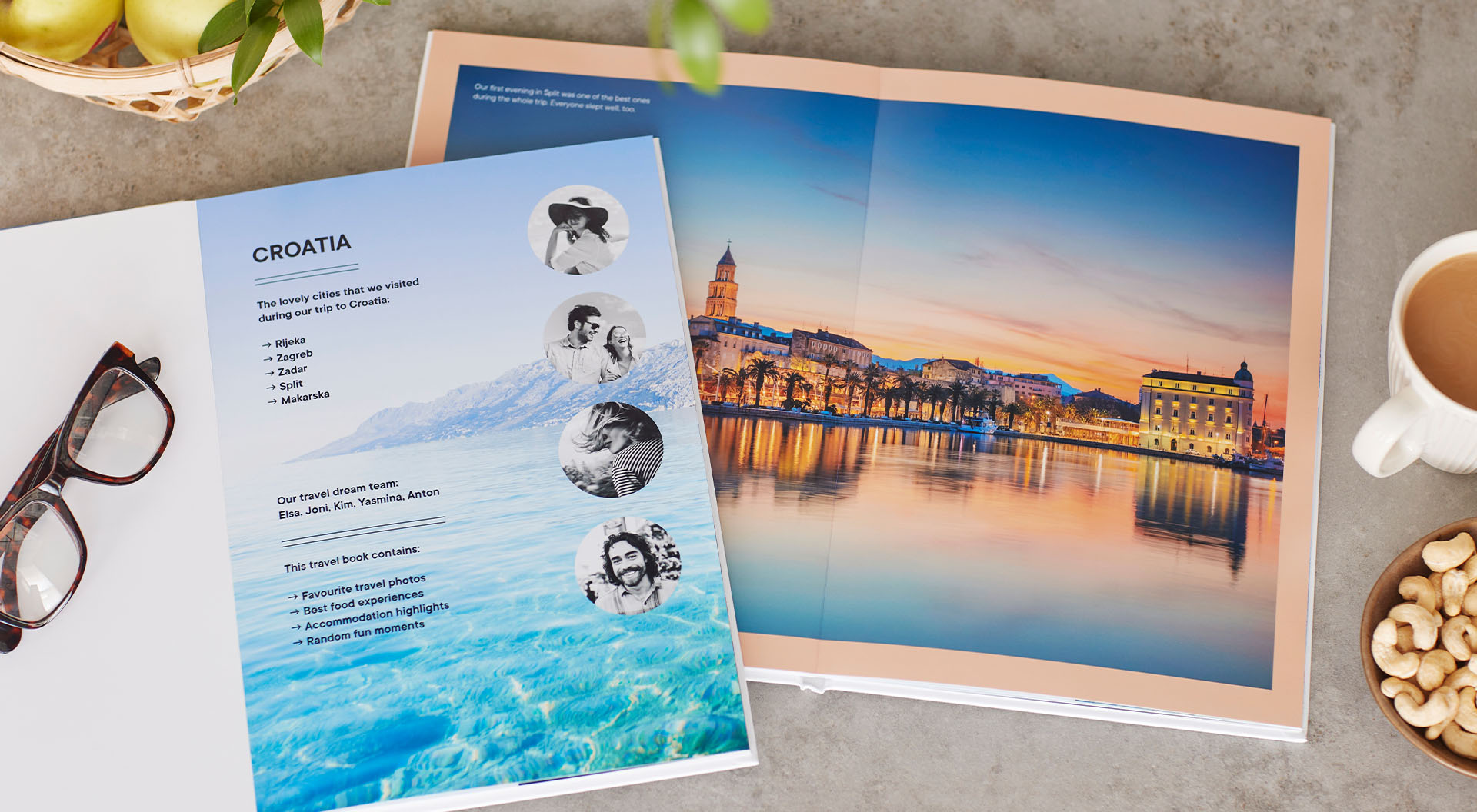 Two opened photo books with pictures from a holiday in Croatia