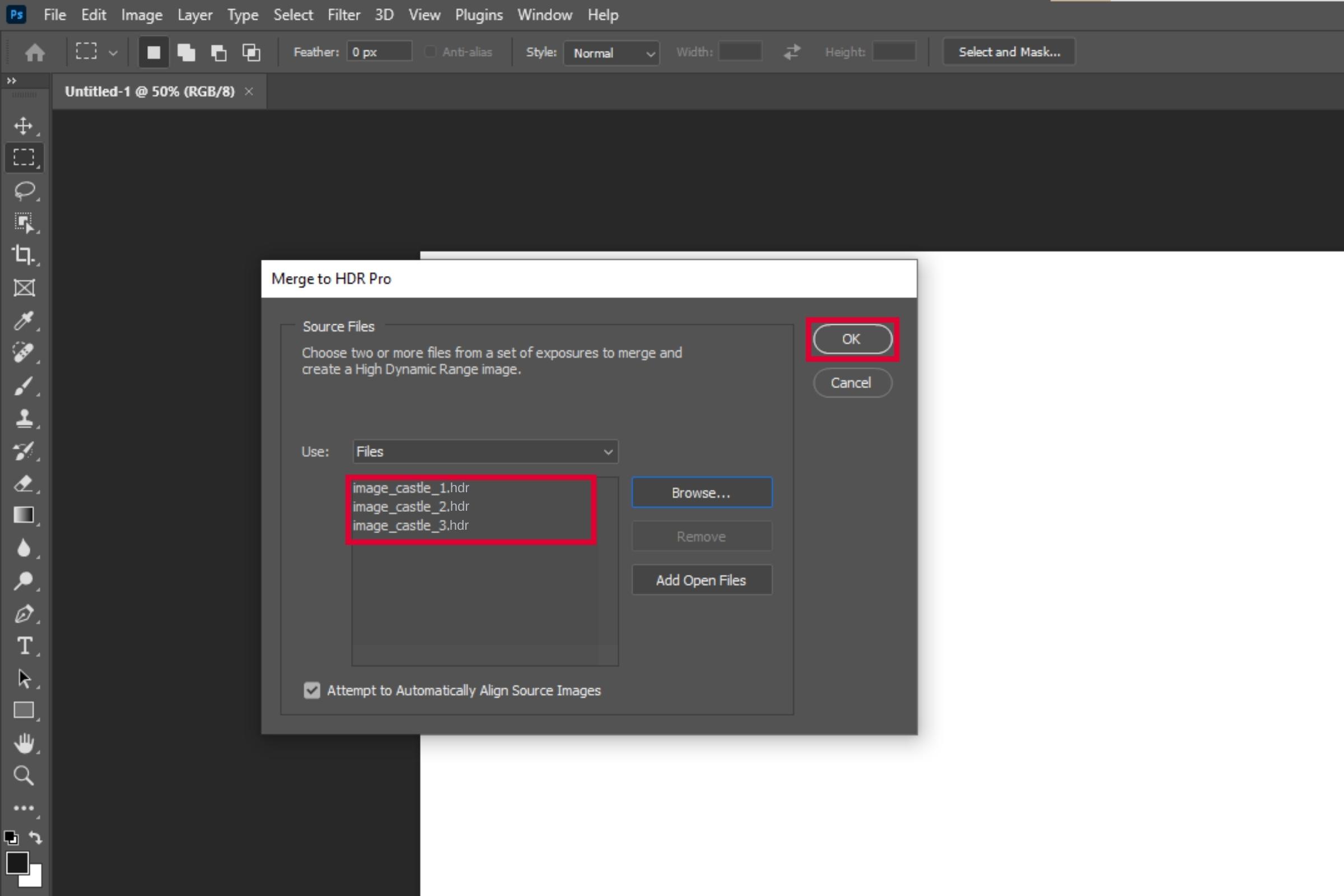 Auswahl der Bilder, die in Photoshop zu einem HDR-Bild zusammengefügt werden